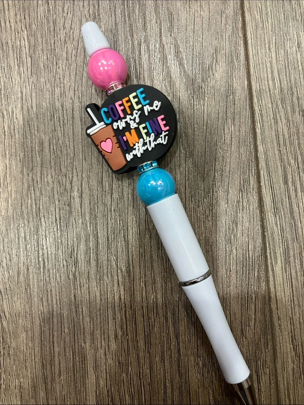 Hand beaded “coffee owns me” pen. Pink & blue beads. Create a pen bundle & save.